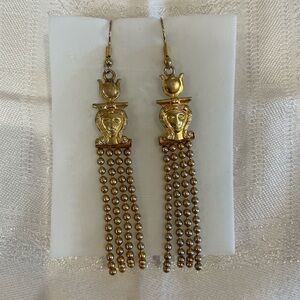 Vintage Egyptian Revival Gold Tone Tassel Dangle Earrings